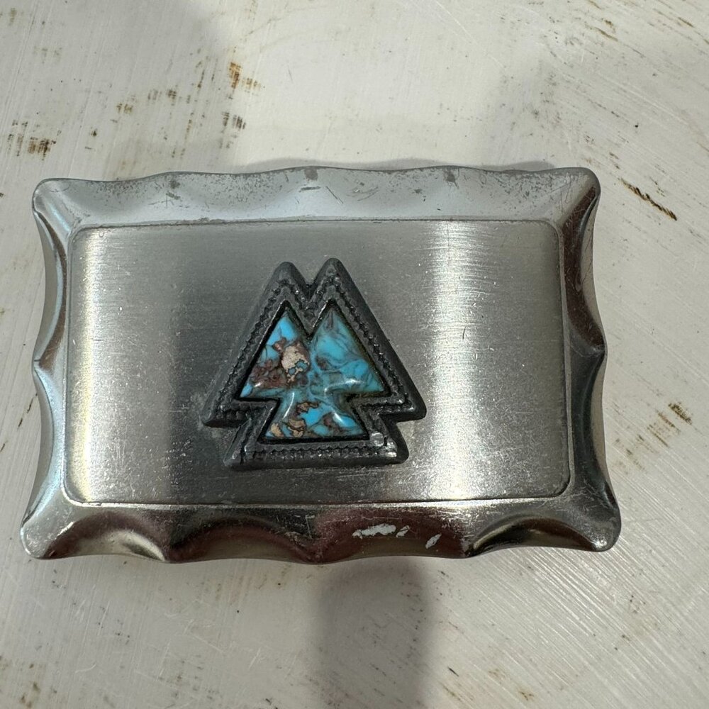 Vintage Silver Belt Buckle With Turquoise Southwest Arrowhead Mountain Inlay